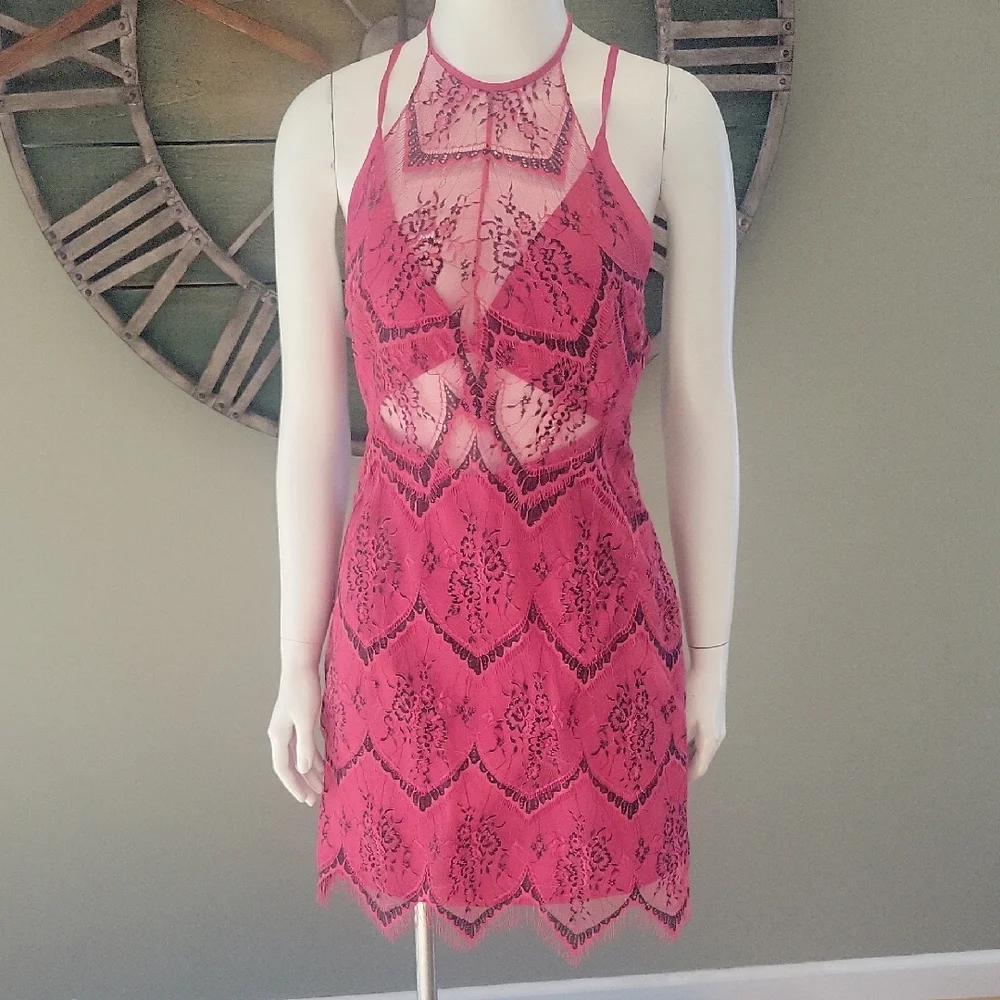 Free People Nothing Like This Hot Pink Lace Halter Mini Dress
